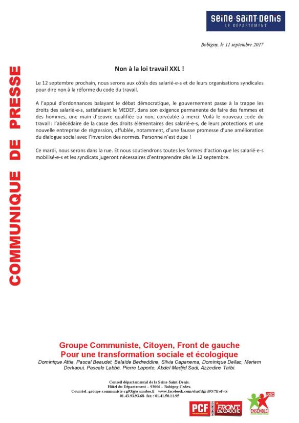 communiqué soutien contre loi travail XXL 120917